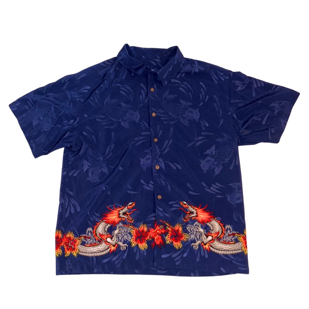 Bullhead Island Series Dragon Shirt XL Blue Fire Dragon Hibiscus Made USA